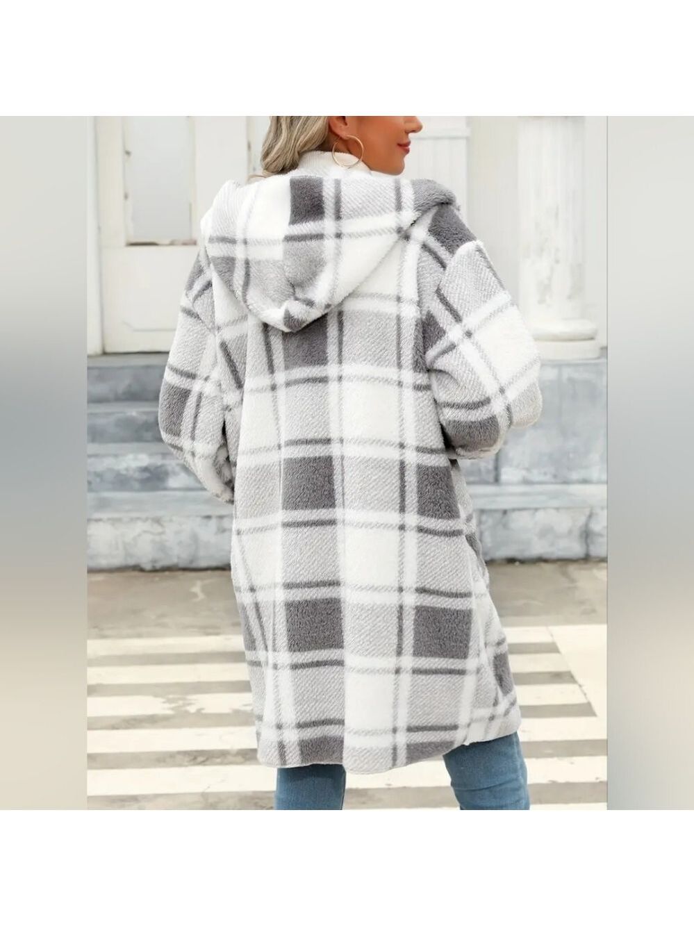 Plaid Open Front Long Cardigan Coat with Hoodie Large NWOT